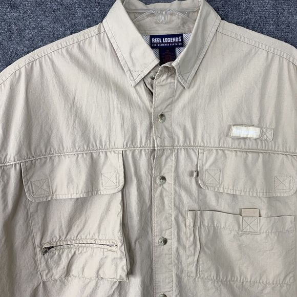 Reel Legions Performance Vented Fishing Shirt Men M Tan Pockets Short Sleeves - Picture 2 of 13